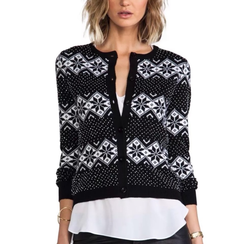 Alice + Olivia Black White Fair Isle Button-Front Cardigan